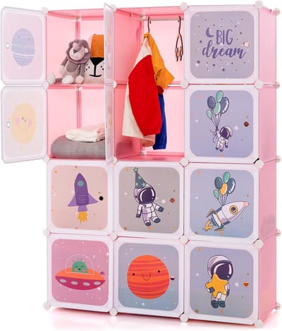 COSTWAY Kinderkledingkast, reksysteem van kunststof met 12 kubussen, kinderrek uitbreidbaar met deuren en 2 hangers, opbergkast, schattig voor kinderkamer, speelkamer (roze + wit)