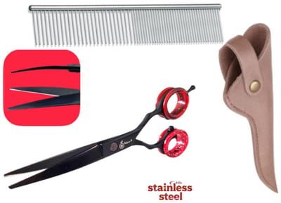 Professionele Hondenschaar – Ergonomische Kromme Trimschaar – Zwart/Rood – met Luxe Lederen Etui – Brons + Anti-Klit Kam – Pijnloos & Huisdiervriendelijk