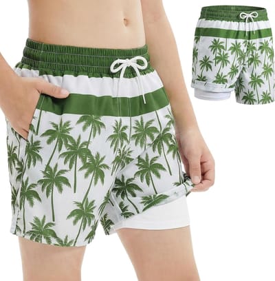 Zwemshorts voor jongens met compressievoering en zakken, sneldrogend 2-in-1 badshorts met elastische tailleband voor strand en raften, geschikt voor kinderen van 7-13 jaar
