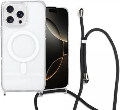Hoesje met Koord Geschikt voor Apple iPhone 16 Pro Max - Compatibel met MagSafe - Schokbestendig Flexibel TPU - Back Cover met Ketting - Transparant