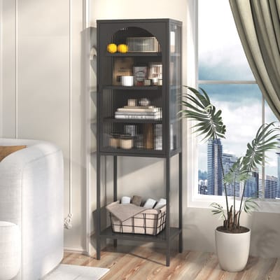 MODFU - Vitrinekast - Verstelbare Planken En Afsluitbare Deur - Modern - Keuken - Metaal En Glas - Zwart
