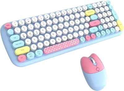 Draadloos Toetsenbord en Muis Set – Full-Size, Schattig Design, Kantoor, Typmachine Stijl, Desktop Computer, Ergonomisch, Kleurrijk- BLAUW