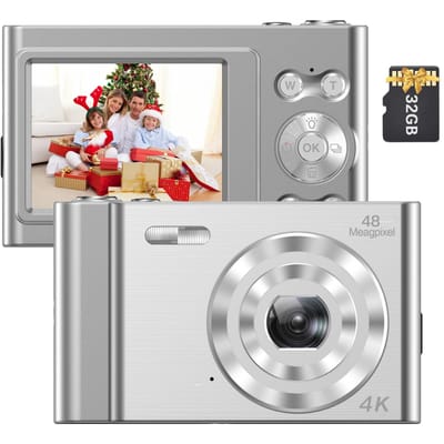 Andoer 4K Appareil photo numérique Caméscope vidéo 48MP Écran IPS 2,4 pouces Mise au point automatique Zoom numérique 16X argenté
