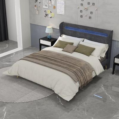 Tweepersoonsbedden - 160x200CM - Modern Minimalistisch Zacht Bed LED-Hoofdbord Lage Box - Grijs (Geen Matras)