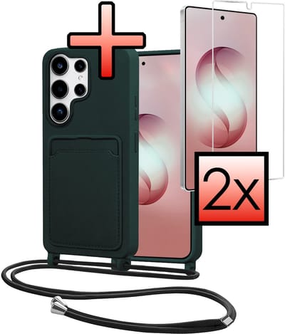 Hoes Geschikt voor Samsung S26 Ultra Met Telefoonkoord Met 2x Screenprotector - Siliconen Hoesje Backcover Met Ketting - Donkergroen
