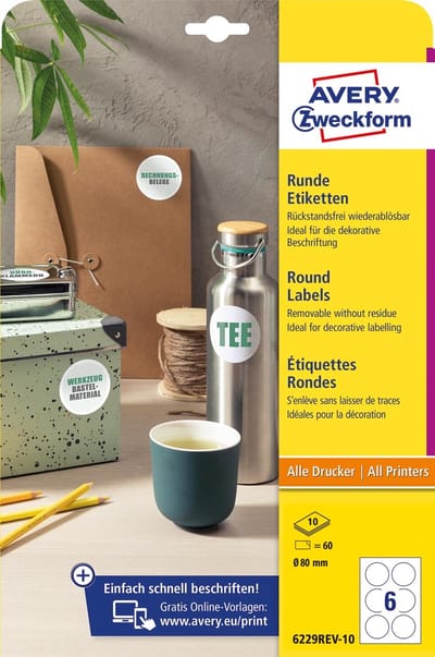 Avery Zweckform ronde etiketten | diameter 80 mm | wit | afneembaar | 60 etiketten | 10 vellen
