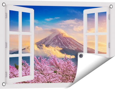 Gards Tuinposter Doorkijk Fuji Berg met Roze Bloesembomen - Bloemen - 60x40 cm - Tuindoek - Tuindecoratie - Wanddecoratie buiten - Tuinschilderij