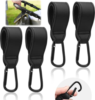 Universele Haakjes voor Kinderwagens - 4 Stuks Zwarte Metalen Carabiners en Klittenband Haakjes voor Luiertassen, Hangtassen en Boodschappentassen