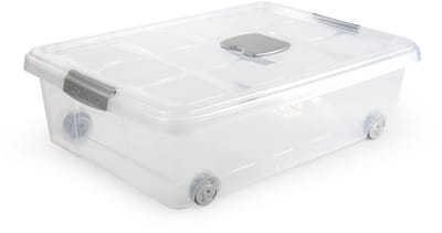 Plasticforte Opslagbox - 1x stuks - met deksel - 31L - 62 x 45 x 18 cm - transparant - opbergbak - met wielen