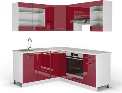 Vicco Hoekkeuken Fame-Line, Bordeauxrode hoogglans/Wit, 190 x 160 cm, WB Marmer