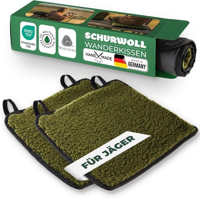Novaliv 2-delige set jachtzitkussens, 38 x 38 cm, mosgroen, comfortabele zitkussens met waterafstotende PA-achterkant, bovenkant van zuivere wol, warm en ademend, voor hoge zitplaatsen, schuilhutten, schuilplaatsen tijdens de jacht en buite