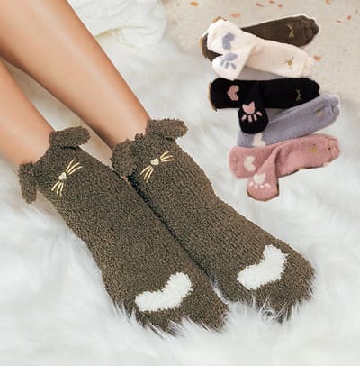Fluffy sokken dames - 3 paar - huissokken - giftbox - grijs - wit - bruin - roze - print kat - snoren - 36 - 40 - cadeau voor haar - geschenk vrouwen - Kerst cadeau - verjaardagscadeau - extra zacht