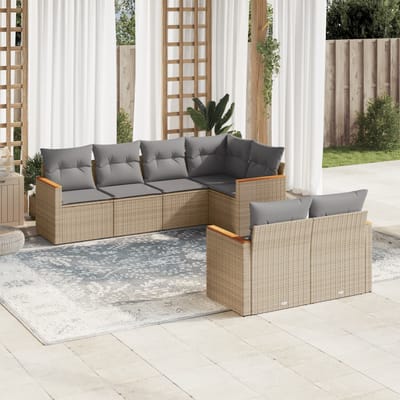 vidaXL - 7-delige - Loungeset - met - kussens - poly - rattan - gemengd - beige