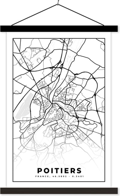 Posterhanger incl. Poster 40x60 cm - Schoolplaat - Plattegrond - Kaart - Poitiers - Frankrijk - Stadskaart - Zwart wit - Textielposter - Zwarte latten - Stadskaart