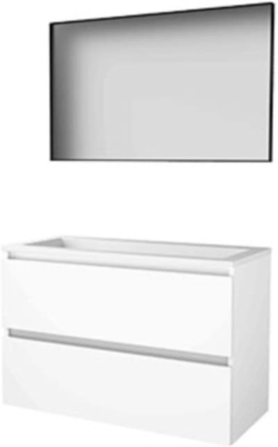 Basic-Line Framed 46 Badkamermeubelset - 100 x 46 cm - Greeploos - 2 Lades - Acryl Wastafel - Zonder Kraangat - Spiegel met Zwart Aluminium Frame - Ice White