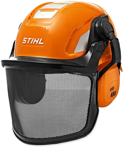 Vedes speelgoedhelm oranje met verstelbaar vizier en gehoorbescherming.