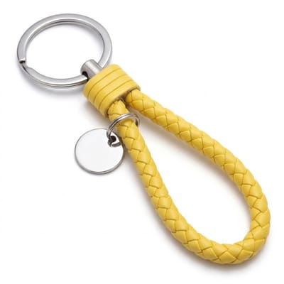 Geel gevlochten PU leren sleutelhanger met metalen sleutelring – sleutelhanger voor dames en heren – minimalistische keychain met gevlochten lus en zilverkleurige ring