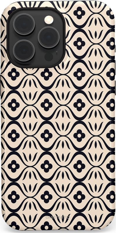 Casetastic hoesje geschikt voor Apple iPhone 15 Pro Max - MagSafe - Dubbellaagse bescherming - Retro crème-zwarte bloemenprint - Fashion Case - Crème Grijs Donkergrijs