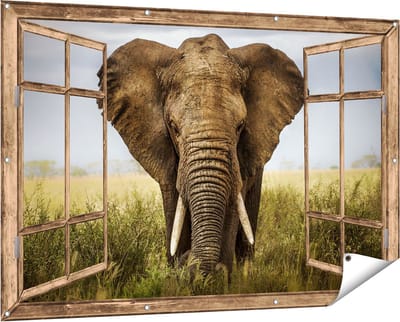 Gards Tuinposter Doorkijk Olifant in het Wild - Kleur - 150x100 cm - Tuindoek - Tuindecoratie - Wanddecoratie buiten - Tuinschilderij