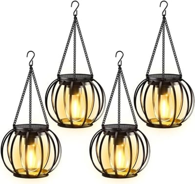 Decoratieve Hanglampen voor Buiten - 4 Stuks Waterdichte Metalen Lantaarns met Automatische Schakelaar voor Tuin, Patio en Terras