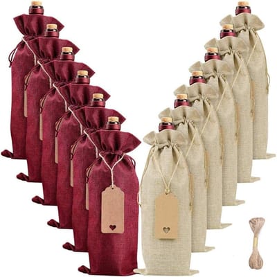 12 stuks jute wijnzakken herbruikbare wijnfles geschenkzakje met trekkoorden, touw en labels wijn geschenkzakjes hoezen voor Kerstmis, bruiloft, verjaardag, feest