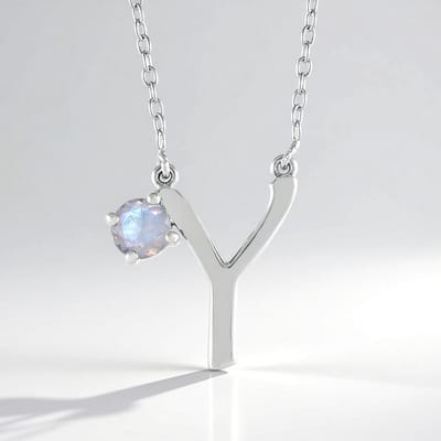 Cavill - 925 Sterling Zilver Geplatineerde Verstelbare Halsketting - 0,41 ct Regenboog Maansteen Rond - Elegante Minimalistische Y-Hanger