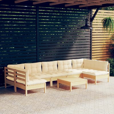 vidaXL - 8-delige - Loungeset - met - crèmekleurige - kussens - massief - grenenhout