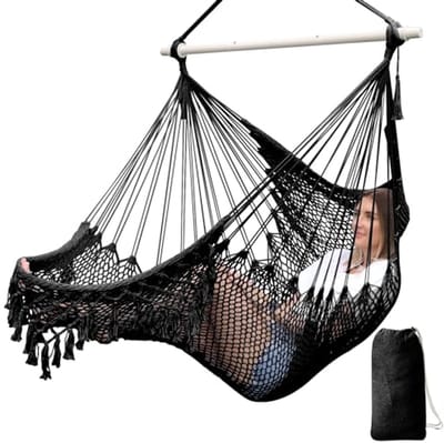 Super Grote Hangmat Stoel - Zacht Katoenen Touw Weven, Opvouwbare Sterke Metalen Spreader Bar, Brede Zitting, Geschikt voor Binnen en Buiten