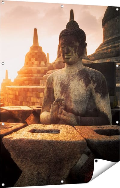 Gards Tuinposter Boeddha Beeld in een Tempel - 90x120 cm - Tuindoek - Tuindecoratie - Wanddecoratie buiten - Tuinschilderij