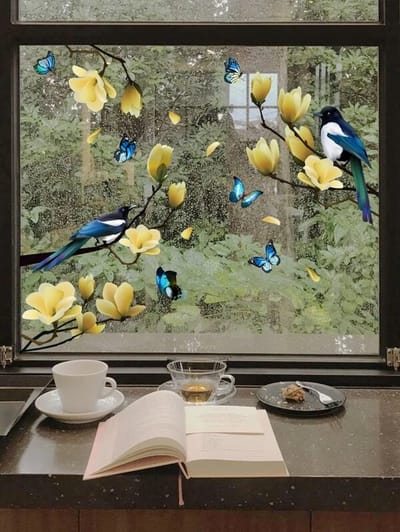 Muursticker - Raamsticker Vogels - Ekster / Eksters op Magnolia Tak - Winter - Muur Sticker / Raam sticker Keuken – Handgeschilderd | Kinderkamer | Jongens – Meisjes – Baby | Decor - Poster | Verwijderbaar – Zelfklevend plakfolie | DH Collection