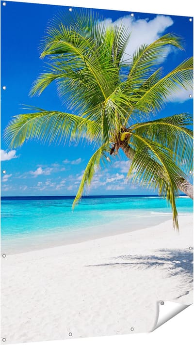 Gards Tuinposter Tropisch Strand met een Palmboom - 120x180 cm - Tuindoek - Tuindecoratie - Wanddecoratie buiten - Tuinschilderij