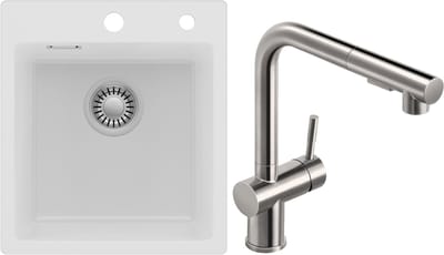 Auralum max Spoelbak Keuken 40x45CM - Spoelbakken Graniet Met Keuken Kraan - Enkele spoelbak Wit - Met waterafvoersysteem - Voor 40 cm kast