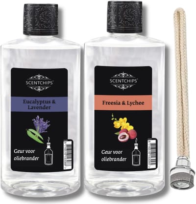 Scentchips Eucalyptus lavendel + Freesia lychee + Lont - Geurolie Voor Oliebrander Set van 2 - Inclusief Geurlont - Parfum Olie - Geurolie Voor Lampenolie - Geurlamp Olie - 475ml x 2
