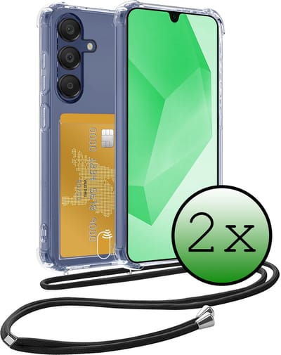 Hoes Geschikt voor Samsung A16 Hoesje Pas Houder Shock Proof Case Hoes Met Koord - Hoesje Geschikt voor Samsung Galaxy A16 Hoes Met Telefoonkoord Pasjeshouder Cover - Transparant - 2 Stuks