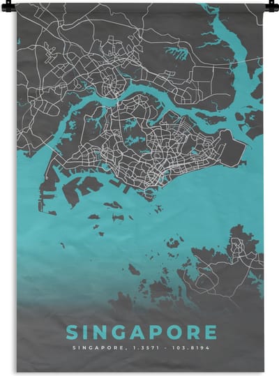 Wandkleed - Wanddoek - Stadskaart - Blauw - Singapore - Plattegrond - Kaart - 120x180 cm - Wandtapijt