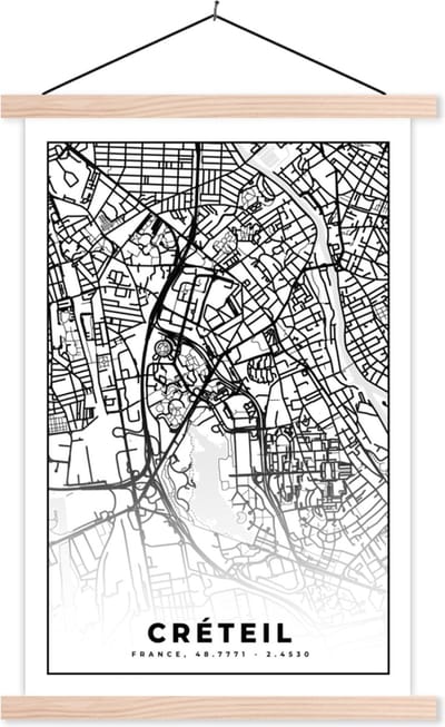 Posterhanger incl. Poster 40x60 cm - Schoolplaat - Stadskaart - Créteil - Plattegrond - Kaart - Frankrijk - Zwart wit - Textielposter - Blanke latten - Stadskaart
