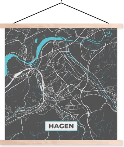 Posterhanger incl. Poster 40x40 cm - Schoolplaat - Duitsland – Blauw – Hagen – Stadskaart – Kaart – Plattegrond - Textielposter - Blanke latten - Stadskaart
