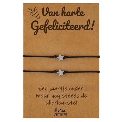 Vriendschapsarmbandjes voor 2 "Van Harte Gefeliciteerd" - Sterretjes - BFF Armbandjes met Verjaardags Cadeau Kaartje - Zilverkleurig - Elastisch Verstelbaar - Pax Amare
