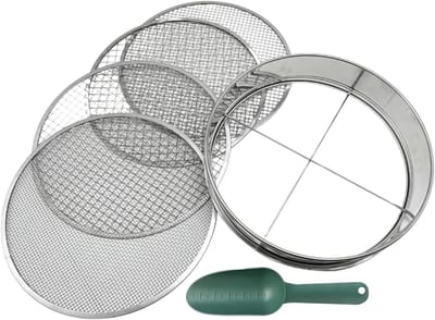Tuinzeef Set - Grondzeef Zeef - Compost Zeven - Vier Verwisselbare Mates - 30 cm Diameter - Zilver