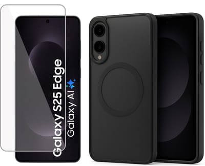 Hoesje + Screenprotector geschikt voor Samsung Galaxy S25 Edge Hoesje - Portemonnee Hoesje geschikt voor MagSafe - Magnetisch - Gehard Glas- Zwart