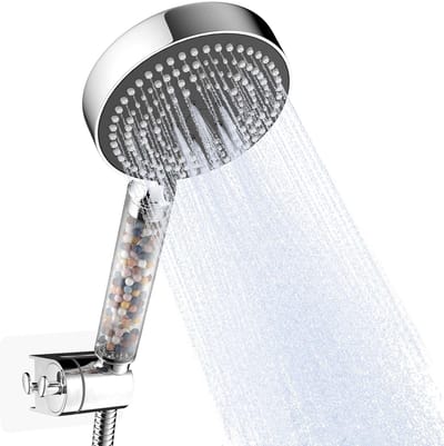 Dailygoods - OFFO gefilterde douchekop, 6 straalsoorten, Groot, Waterbesparend, Met 1.6m slang en wandhouder, Helder handvat met Grijs deksel, Chroom