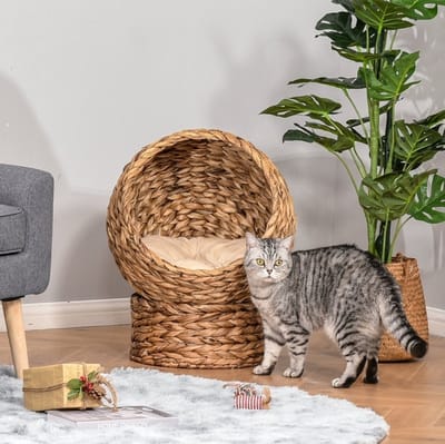 MEUNIQ kattenmand 50 x 42 x 60 cm met standaard, gesloten kattenbed van waterhyacint met afneembaar katoenen kussen, verhoogde kattenhütte voor slapen en spelen, lichtbruin