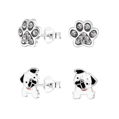 Zilveren bulldog hond en crystal pootjes kinderoorbellen | hond oorknopjes Meisje Zilver | poot kristal oorknopjes Meisje Zilver | kindersetje oorstekers | kindersieraden meisje sets zilver| Zilverana | Sterling 925 Silver