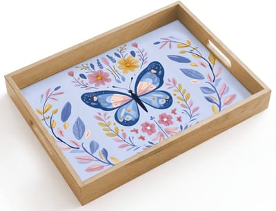 Dienblad hout 40x30 cm - Schootdienblad - Vlinder - Lichtblauw - Sierlijk - Bloemen - Borrelplank rechthoek - Plateau dienbladen