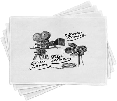ABAKUHAUS bioscoop-placematten, cinematografie-thema kunstwerk met een oude camera en uitrusting, zilveren scherm, tafeldecoratie van kleurvaste stoffen voor eetkamer en keuken, wit en zwart