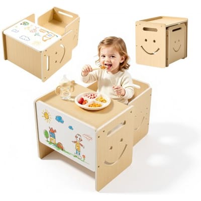 VEVOR Montessori tafel- en stoelenset, hout, kinderzitset voor peuters van 1-5 jaar, opstapje met whiteboard en in 3 standen verstelbare hoogte, om te eten, tekenen, lezen en spelen.