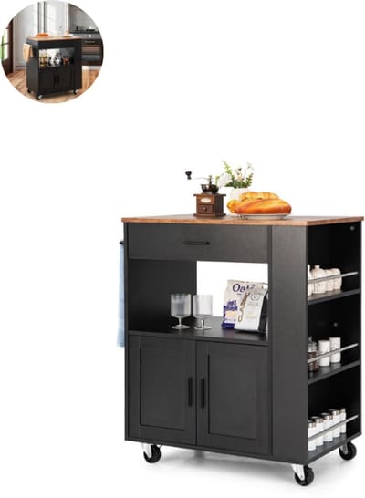 Keukeneiland - Verplaatsbaar - Keukenkast - Dressoir - Organizer - Houten Werkblad - 2 Deuren - Zwart
