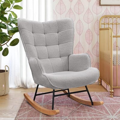Schommelstoel Woonkamer Teddy Stof Hoge Rugleuning Stevig Houten Frame Grijs