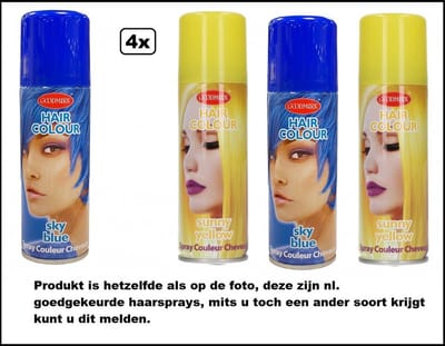 4x Haarspray blauw/geel 125 ml - - Sky blue/ sunny yellow - Festival thema feest carnaval haar kleurspray party