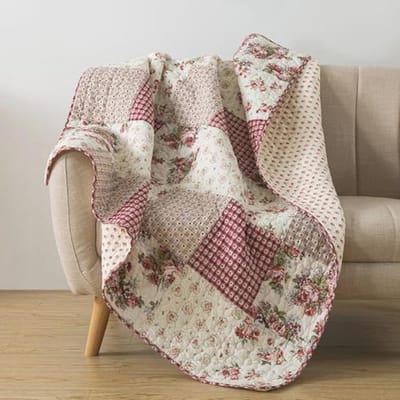 Katoenen patchwork gewatteerde plaid met bloemenprint - 127 x 152 cm voor bank of bed